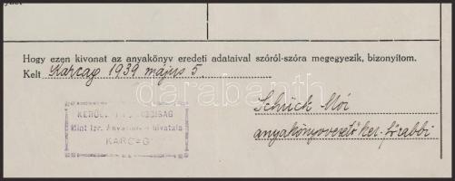 1939 Karcag, Schück Mór (1874-?) anyakönyvvezető főrabbi által kiállított házassági anyakönyvi kivon...