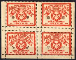 1943 Magyarország kormányzójának 75. születésnapjára levélzáró négyestömb