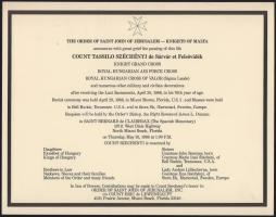 1988 Miami Beach, Florida, Sárvár-felsővidéki gróf Széchényi Tasziló (1912-1988) halotti értesítője