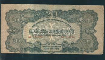 1944. 20P "V.H." felső ívszélen erős fehér csík,előlapi nyomat erősen lefelé csúszva,a normál mérettől (169x82mm)kissé eltér (167x80mm!) T:III