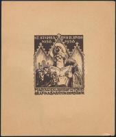 Révész Kornél (1885-1944): St. Stephanus R. Hung 1038-1938, Magyar ex libris gyűjtők és grafikabarátok egyesülete (Szent Istvánnal illusztrált kisgrafika). Klisé, papír. Jelzett a nyomaton. 6x5 cm