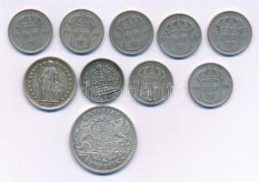 Vegyes, 10db-os érmetétel, közte: Svédország 1937-1955. 10ö Ag (8db) + Svájc 1965. 1/2Fr Ag + Litván...