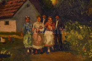 Olvashatatlan jelzéssel: Társaság. Olaj, karton. Dekoratív fakeretben. 63x94 cm. KIZÁRÓLAG SZEMÉLYES...