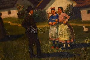 Olvashatatlan jelzéssel: Társaság. Olaj, karton. Dekoratív fakeretben. 63x94 cm. KIZÁRÓLAG SZEMÉLYES...