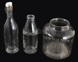 3 darab régi üveg: Warhanek C. Budapest szardíniás üveg, Kristály csatos üveg, Korona tejcsarnok üveg, m: 26 cm alatt