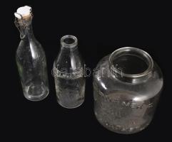 3 darab régi üveg: Warhanek C. Budapest szardíniás üveg, Kristály csatos üveg, Korona tejcsarnok üve...