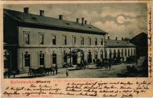 1901 Kolozsvár, Cluj; M. kir. államvasutak (MÁV) indóháza, vasútállomás este holdfényben. Dunky Fivére kiadása / railway station at night in moonlight (r)