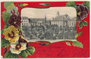 1901 Temesvár, Timisoara; Jenő herceg tér, Rukavina emlékmű. Uhrmann Henrik kiadása, szecessziós-virágos litho keret / square, monument. Art Nouveau, floral, litho frame (r)