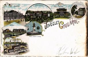 Gyula, Megyeháza, Gróf Almássy kastély, Népkerti Pavillon, Közművelődési Múzeum, vágóhíd, Erkel Ferenc szobor, Cognacgyár és pálinkafőzde. Art Nouveau, litho (EM)