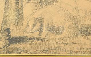 Olvashatatlan (Szepessi?) jelzéssel: Vásár. Tus, papír. Üvegezett keretben. 31×43 cm