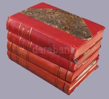 Jókai Mór: Gróf Benyovszky Móricz életrajza, saját emlékiratai és útleírásai. Képekkel, térképekkel, autographokkal. I-IV. köt. I-II. köt.: Saját emlékiratai és útleírásai. I-II. kötet. Fordította Jókai Mór.; III-IV. köt.: Életrajz. Írta: - -. I-II. kötet. [Bp.], 1888-1891., Ráth Mór, 1 sztl. lev.+ 1 (címkép, fekete-fehér képtábla) t.+4+413+3 p.+17 sztl. lev.+4 (fekete-fehér képtáblák) t.+2 (kihajtható kézirathasonmás) t.; 1 sztl. lev.+1 (címkép, fekete-fehér képtábla) t. + 4+310+LIX p.+5 (fekete-fehér képtáblák) t.+1 (kihajtható térkép) t.; 1 sztl. lev.+ 1 (címkép, fekete-fehér képtábla) t. +4+351 p.+13 sztl. lev.+5 (fekete-fehér képtáblák) t.; 1 (címkép, fekete-fehér képtáblák) t.+4+423+II p.+4 (fekete-fehér képtáblák) t.+2 (kihajtható térképek) t. + 1 (kihajtható kézirathasonmás) t. Több papírborítót bekötöttek (9+2+7 füzet: I-XV.,XVII, XXXI-XXXII.) 3 kötet címlapján Szentkirályszabadjai Karsa Ferenc (1827-1915) 1848-as honvéd hadnagy, Görgey parancsőrtisztje, emlékíró, árvaszéki helyettes elnök, önkéntes tűzoltó-egyletek szervezőjének névbejegyzéseivel.  Korabeli átkötött félvászon-kötések, festett lapélekkel, kopott, foltos borítókkal, néhány lapon ceruzás jegyzetekkel, laza fűzésekkel, néhány lap kijár, 4 kihajtható tábla szakadt, sérült.