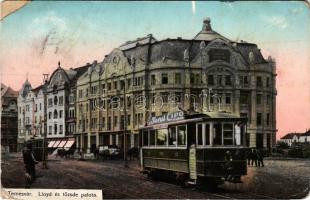 1912 Temesvár, Timisoara; Lloyd és Tőzsde palota, villamos Turul cipő reklámmal / palace, tram with advertisements (EM)