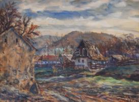 Olvashatatlan jelzéssel: Dipse (Erdély), 1940. Akvarell, papír. Üvegezett fakeretben. Paszpartun ázásnyommal. 26,5x36,5 cm.