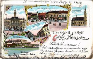 1899 Újvidék, Neusatz, Novi Sad; Városháza, Ferenc József tér, Római katolikus templom, Péterváradi vár, Duna utca, üzletek. Ignaz Urban kiadása / Rathaus, Franz Josef Platz, Röm.-Kath. Kirche, Donau Gasse, Festung Peterwardein / town hall, square, street view, Catholic church, Petrovaradin castle. Hermann Seibt No. 905. Art Nouveau, floral, litho (kis szakadás / small tear)