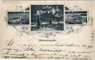 1899 Németújvár, Güssing; Szent Ferenc-rendi zárda, Római katolikus iskola, Izraelita templom, zsinagóga, vár. 4698. Rudolf Oesterreicher kiadása / Franciscan monastery, Catholic school, synagogue, castle. Art Nouveau, floral (r)