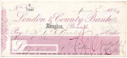 Nagy-Britannia / Abingdon 1864. "London &amp; County Bank" kitöltött csekk összesen 27...
