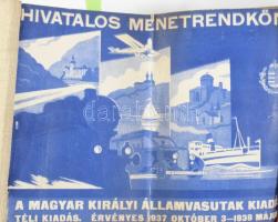 Magyar Királyi Államvasutak Hivatalos Menetrendkönyv. Téli kiadás. Érvényes 1937 október 3. - 1938. május 14. Bp., 1937, MÁV, 1 (illusztrált, színes papírborító, rajta Gönczi-Gebhardt Tibor (1902-1994) grafikájával) t.+324+40 p. Korabeli reklámokkal, térképpel illusztrált. Kiadói egészvászon-kötés, a címlapon és a naptár részen bejegyzésekkel, szakadt illusztrált papírborítóval.