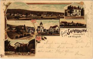 1900 Savanyúkút, Bad Sauerbrunn; Totalansicht, Einzel-Ansicht, Brunnen, Kirche, Stations-Gebäude / view, fountain, church, railway station. Art Nouveau, floral, litho (EB)