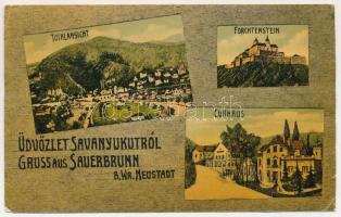 1915 Savanyúkút, Bad Sauerbrunn; Totalansicht, Forchtenstein, Curhaus. Franz Pomper / látkép, Fraknó vára, fürdő / view, castle, spa (ázott / wet damage)