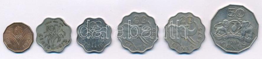 Szváziföld 1974-1979. 1c-50c "II. Sobhuza" (5xklf) + 1986. 20c Cu-Ni "III. Mswati" T:XF-F Eswatini (Swaziland) 1974-1979. 1 Cent - 50 Cents "Sobhuza II" (5xdiff) + 1986. 20c Cu-Ni "Mswati III" C:XF-F