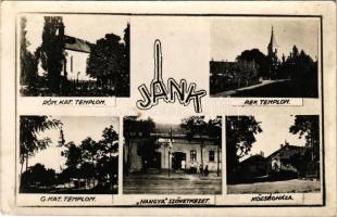 Jánk (Jánkmajtis), Református templom, Görögkatolikus templom, Községháza, Római katolikus templom, Hangya Szövetkezet üzlete. Fotó Kósa (Rb)