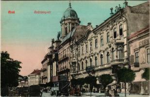 Arad, Andrássy tér, Steigerwald A. bútorgyáros, Morgenstern Gyula, Hegedűs Gyula, Gellér I. üzlete, autóbusz / square, shops, autobus