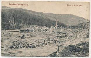 Gelence, Ghelinta; Zernyei fűrésztelep, iparvasút, gyár. Bogdán A. fényképész / Zarna sawmill, industrial railway, factory (fl)