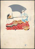 Szántó Piroska (1913-1998): Pék (illusztráció Kormos István Tréfás mackók c. mesekönyvéhez). Tempera, papír. Jelzés nélkül. Lap jobb szélén Szántó Piroska autográf feliratával. Lapméret: 29,5×21 cm