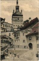 1918 Segesvár, Schässburg, Sighisoara; Óratorony, W. Schwarz üzlete. W. Nagy kiadása / clock tower, shops (b)