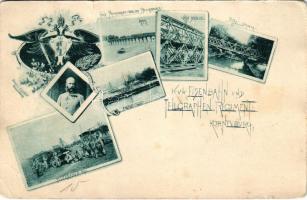 Korneuburg, K.u.K. Eisenbahn und Telegraphen Regiment,Telegraphen Bau, Pilotier Glied, Holz -Provisorium Über den Stockerauerarm, Kohn Brücke, Tiffel Brücke. Viribus unitis. Verlag v. J. Lederer / Cs. és kir. vasúti és távirati ezred szecessziós katonai képeslap / Austro-Hungarian military railway and telegraph regiment. Art Nouveau, floral (kis szakadás / small tear)