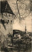 1917 Segesvár, Schässburg, Sighisoara; látkép, óratorony. Fritz Teutsch kiadása / general view, clock tower (gyűrődés / crease)
