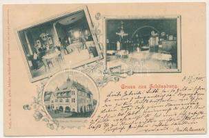 1900 Segesvár, Schässburg, Sighisoara; Gewerbe-Vereinshaus, Café Martini, Bierhalle u. Weinstube / Kereskedelmi Egyesület székháza, Martini kávéház, sörcsarnok és borozó, belső vendégekkel és biliárdasztalokkal. H. G. Roth fényképészeti műterem kiadása, szecessziós-virágos keret / palace of the trade association, café, beer and wine hall inside, interior with guests and pool tables. Art Nouveau, floral frame (fa)