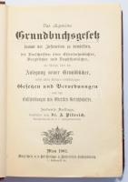 Das allgemeine Grundbuchsgesetz sammt der Instruction zu demselben, die Vorschriften über Eisenbahnbücher, Bergbücher und Naphthabücher [...] Manz'sche Taschenausgabe der österreichischen Gesetze. Achtzehnter Band. Wien, 1902, Manz'sche k. u. k. Hof-Verlags- u. Universitäts-Buchhandlung, XV+[1]+785 p. Német nyelven. Átkötött félvászon-kötésben, helyenként ceruzás bejegyzésekkel.