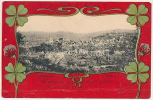 1903 Segesvár, Schässburg, Sighisoara; látkép. Fritz Teutsch kiadása, szecessziós-virágos litho keret lóherékkel / Totalansicht / general view. Art Nouveau, floral, litho frame with clovers (lyukak / pinholes)