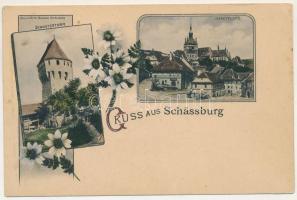 Segesvár, Schässburg, Sighisoara; Schusterturm, Marktplatz / Cipészek bástyája, Piactér, üzlet. Fritz Teutsch kiadása, szecessziós-virágos keret / tower, market square, shops. Art Nouveau, floral frame (kis szakadás / small tear)
