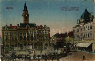 1915 Újvidék, Novi Sad; Ferenc József tér, villamos, városháza, Kovács József, Glück János üzlete. Urbán Ignác kiadása / square, tram, town hall, shops (r)
