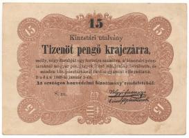 1849. 15kr "Kossuth bankó", hátoldalán "Joós Elek Kis-Borozsnyó, Háromszék" bélyegzéssel. Joós Elek (1832-1916) kisborosnyói (ma: Boroşneu Mic) nemesi család tagja volt. Joós Elek a fellelt források alapján az 1848-49-es forradalomban tűzmesterként szolgált. A településen szeszgyára, marhahizlaldája is volt. 1896 március 15-én létrejött a Hitel és Fillérbank, melynek alapító elnöke volt, emellett 450-700 hold termőföld és ennél is több erdő tulajdonosa volt. 1916. augusztus 30-án, a hadüzenet nélküli támadáskor a román katonák kivégezték. T:F szép papír 1849. 15kr "Kossuth banknote", with "Joós Elek Kis-Borozsnyó, Háromszék" overprint on the backside. Elek Joós (1832-1916) was a member of a noble family from Kisborosnyó (today: Boroşneu Mic). According to the sources found, Elek Joós served as a fireman in the 1848-49 revolution. Also, he had a distillery and a cattle feedlot in the village. On March 15, 1896, the Hitel és Fillérbank was established, of which he was the founding president, and he was also the owner of 450-700 acres of farmland and even more forests. On August 30, 1916, during the attack without a declaration of war, he was executed by Romanian soldiers. C:F nice paper Adamo G102