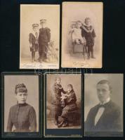 cca 1880-1910 5 db vizitkártya különféle nagyváradi műtermekből (Lojanek János, Fekete Sándor, Decsey I., Dajkovits E.), változó állapotban, 10,5x6,5 cm körül