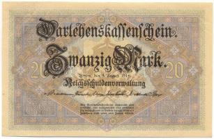 Német Birodalom 1914. 20M hétjegyű sorszámmal "1933273" T:XF
German Empire 1914. 20 Mark ...