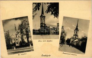 Érsekújvár, Nové Zámky; Evangélikus templom, Római katolikus templom, Ferenc-rendi templom / Lutheran church, Catholic church, Franciscan church (fl)