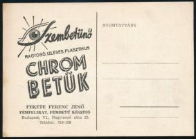Fekete Ferenc Jenő fémfelirat, fémbetű készítő (Bp., VI., Nagymező u. 25.) reklámlap, hátoldalán árjegyzékkel, 10x14,5 cm