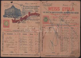 1899-1907 Bp., Weiss Gyula női-divat és confectio-áruház, vászonáru gyári raktár 2 db díjjegyes számla