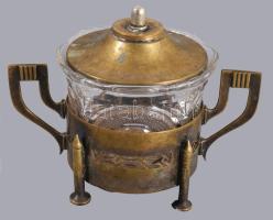 Art deco cukortartó, üveg betéttel, kopott, jelzett, m: 11 cm
