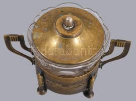 Art deco cukortartó, üveg betéttel, kopott, jelzett, m: 11 cm
