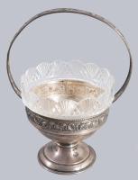 Ezüst (Ag) kosár kínáló, jelzett, üveg betéttel, nettó 135g, m:21 cm