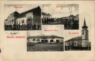 Csökmő, községháza, Piac tér, Bérczy Pál üzlete, református templom (EB)