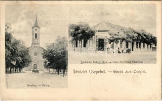 1906 Budapest XXI. Csepel, Templom, Saufnauer József háza, üzlete és saját kiadása (EK)