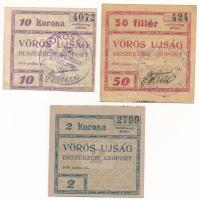 1919. Budapest 50f "Vörös Ujság" szükségpénz felülbélyegzéssel + 2K "Vörös Ujság" szükségpénz + 10K "Vörös Ujság" szükségpénz felülbélyegzéssel T:AU-F Adamo BUC-300.1.1, BUC-300.3, BUC-300.5.2