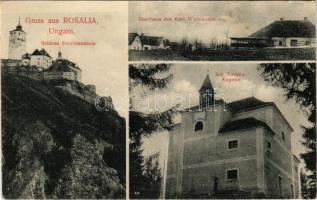 1908 Fraknó, Forchtenstein; vár, Karl Wutzlhofer vendéglője, Rozália kápolna / Schloss, Gasthaus, Sct. Rosalia Kapelle / castle, restaurant, chapel (fl)