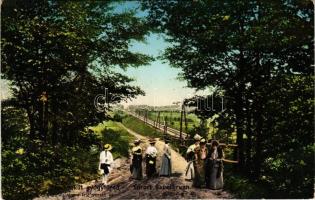 1909 Savanyúkút, Bad Sauerbrunn; Waldheim felé vezető út, vasútvonal / Partie im Waldheim / road, railway line (fl)